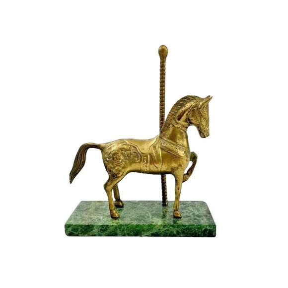 Horse Carousel Brass on Green Marble Base Vintage Equestrian Decor